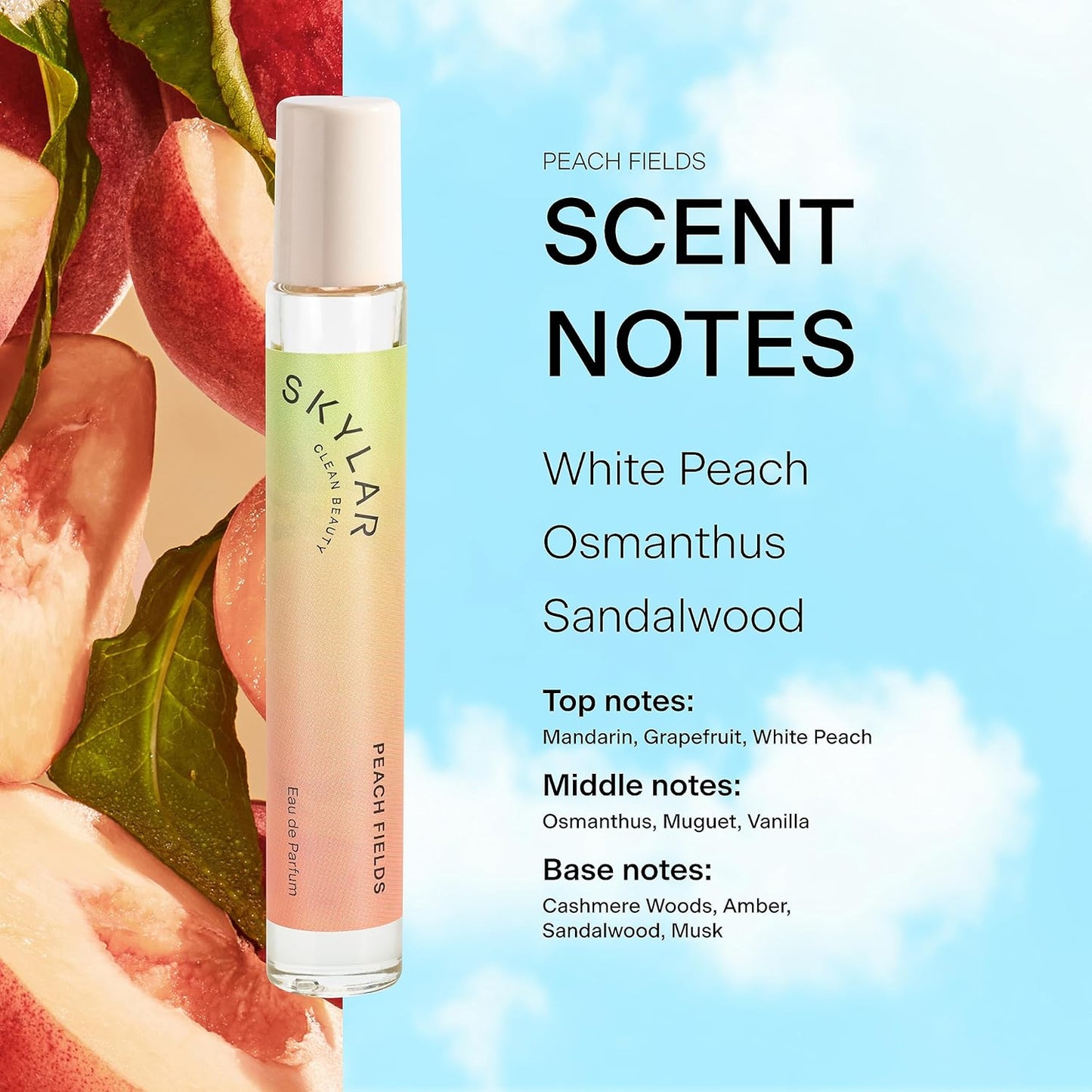Skylar Peach Fields Eau de Parfum - Hypoallergenic Vegan Perfume for Sensitive Skin | Sweet Mandarin & Peach Notes - 10mL
