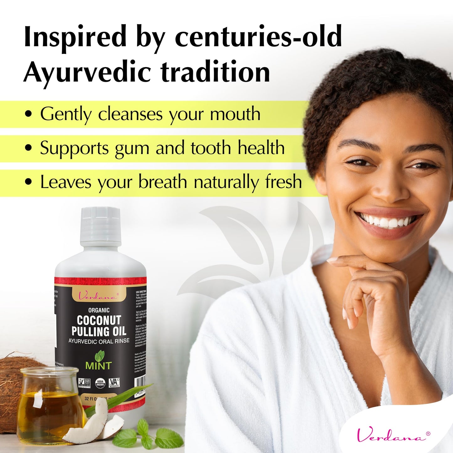 Verdana Organic Oil Pulling for Teeth & Gums – 32 oz Mint – USDA Organic Coconut Pulling Oil Rinse – Alcohol-Free, Fluoride-Free – Natural Mouthwash for Fresh Breath, Gum Health & Oral Detox