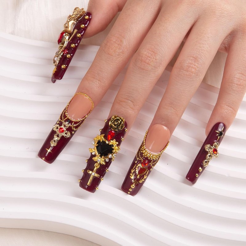 Gothic Romance Press-On Nails - Handmade Full-Cover Crystal Design | Reusable Square Mid-Length 1.7in | H333-M