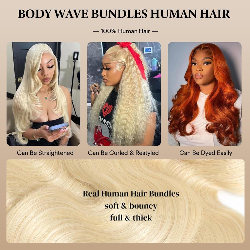 Frealhd 613 Blonde Body Wave Bundles Human Hair 16 Inch, 100% Virgin Human Hair 1 Bundle No Synthetic Blend, Triple Lifespan Salon Grade Remy Hair Extensions For Women