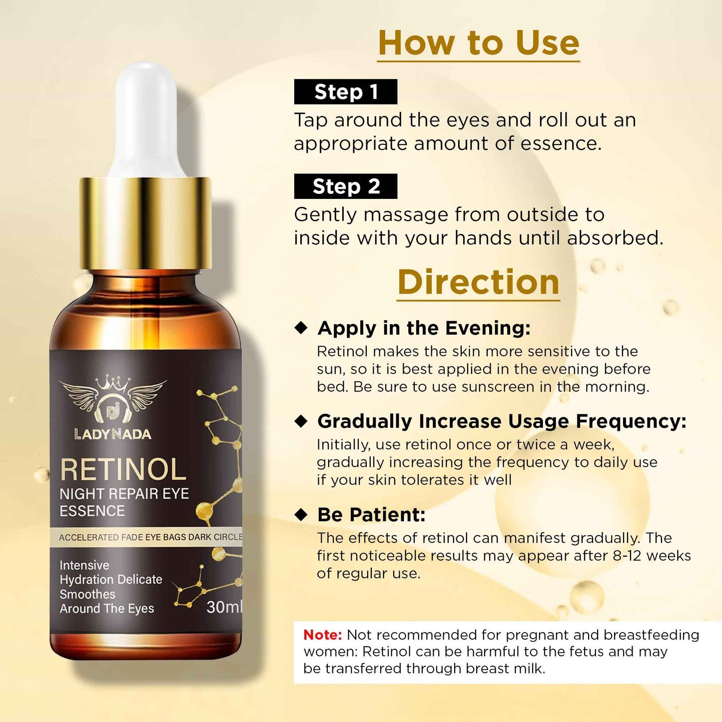 LADY NADA Retinol Eye Serum – Anti-Aging Night Treatment with Collagen, Vitamin E & Natural Extracts – Smooths Fine Lines, Deeply Hydrates, Long-Lasting Effect – For All Skin Types – 1.0 fl oz