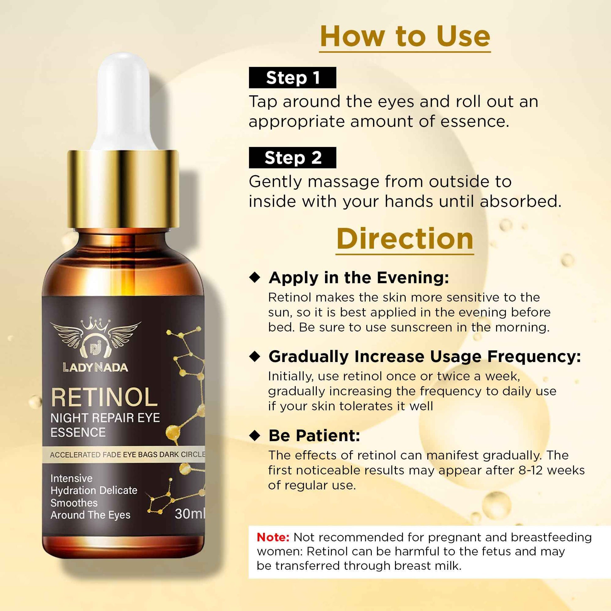 LADY NADA Retinol Eye Serum – Anti-Aging Night Treatment with Collagen, Vitamin E & Natural Extracts – Smooths Fine Lines, Deeply Hydrates, Long-Lasting Effect – For All Skin Types – 1.0 fl oz