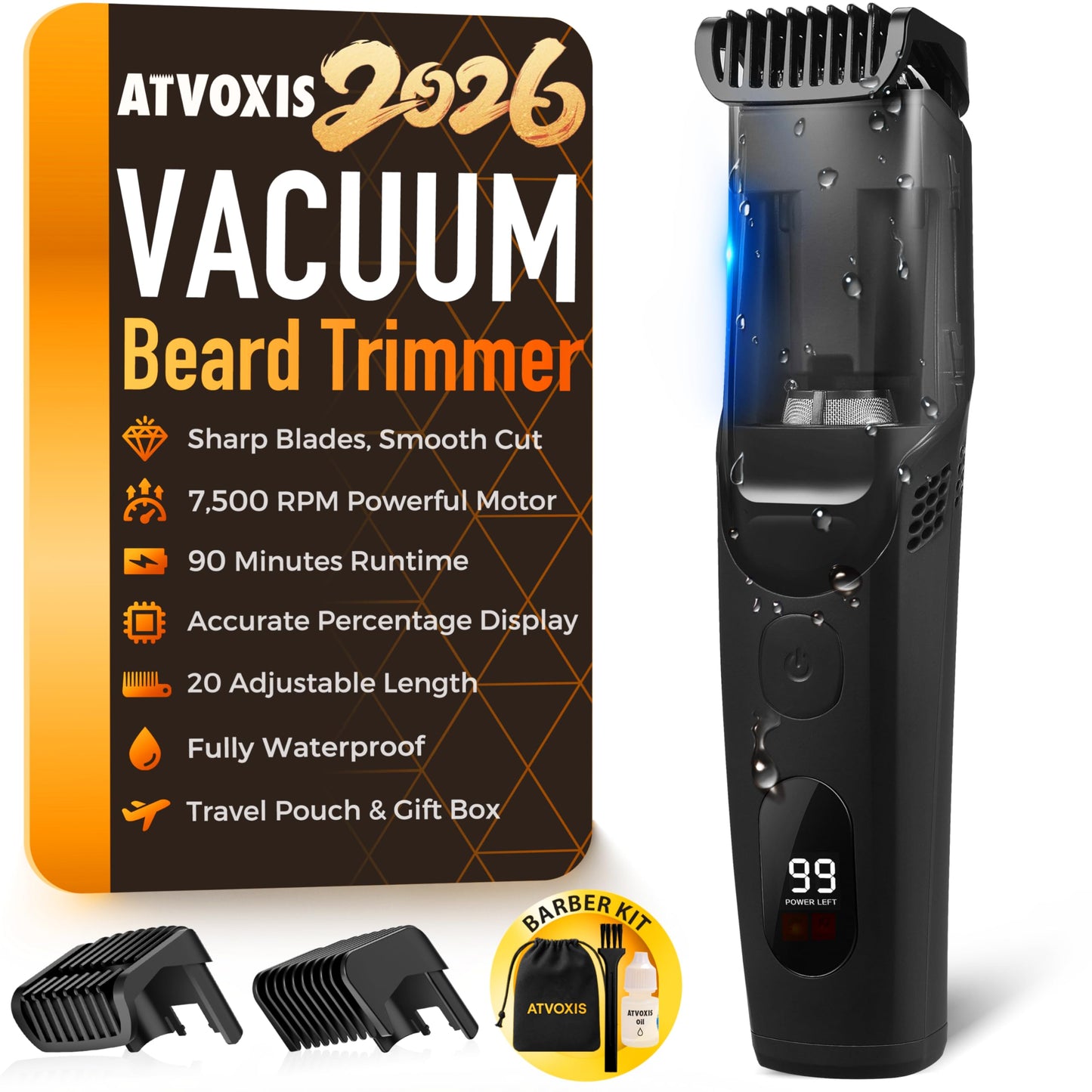 ATVOXIS Vacuum Beard Trimmer for Men Rechargeable, IPX6 Waterproof Mustache Trimmer with Adjustable Length Combs (1/25’’-4/5’’), Men’s Electric Stubble Trimmer, Cordless with Built-in Vacuum (Black)