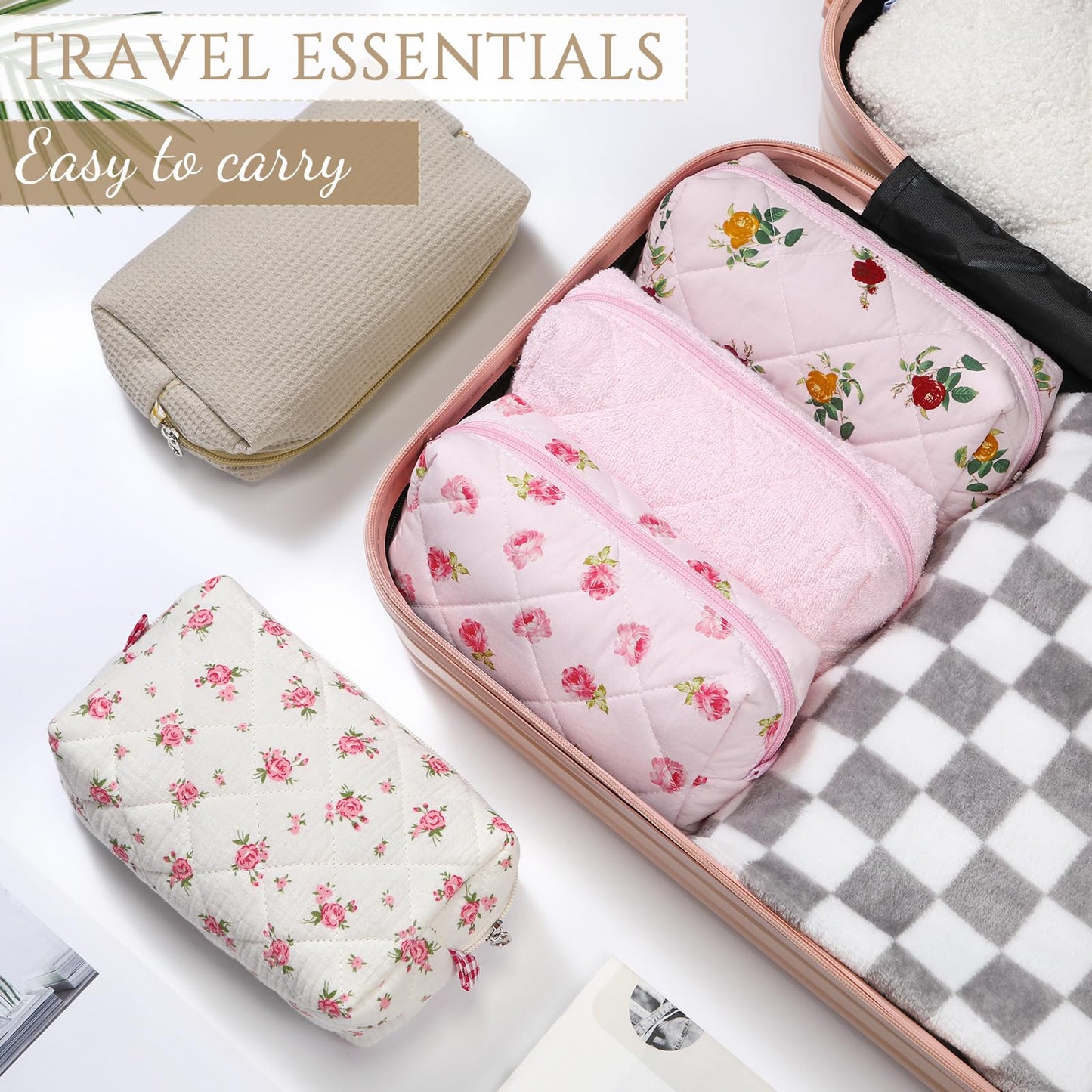 Paterr 10 Pcs Quilted Makeup Bag Bulk Cotton Floral Cosmetic Bag Women Girls Bridesmaid Gifts Cute Makeup Pouch Coquette Aesthetic Travel Toiletry Organizer(Beige Floral,7.87 x 4.72 x 3.15 Inches)