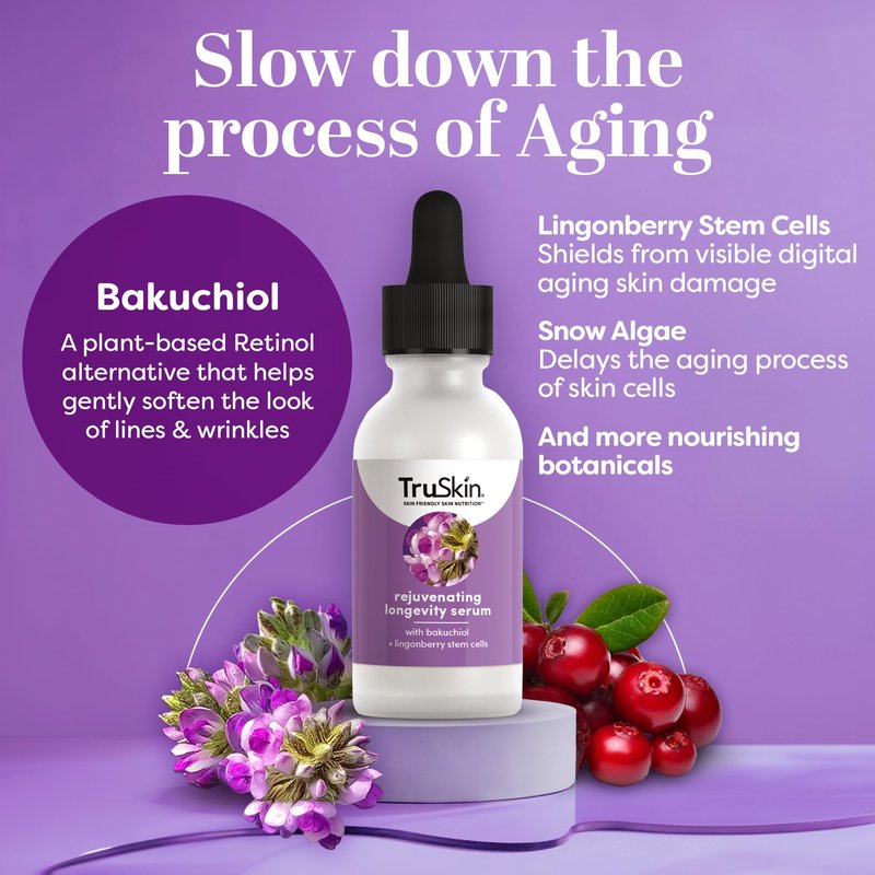 TruSkin Longevity Bakuchiol Serum - Rejuvenating Face Serum with Lingonberry Stem Cells & Snow Algae - Healthy Aging Gentle Retinol Alternative - Improves Appearance of Wrinkles, 1 fl oz