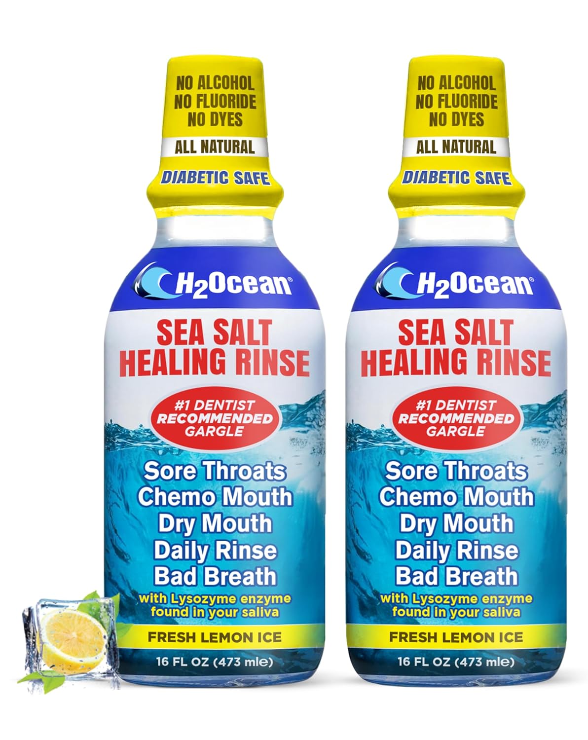 H2Ocean Natural Sea Salt Whitening Mouthwash - Alcohol & Fluoride-Free Oral Care for Tonsil Stones & Gum Health | Lemon Ice, 16 oz (Pack of 2)