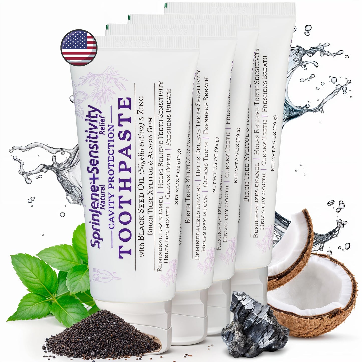SprinJene Natural Sensitivity Relief Toothpaste – Fluoride Toothpaste for Sensitive Teeth & Cavity Protection – SLS Free with Patented Black Seed Oil & Zinc – Made in the USA (4 Pack)