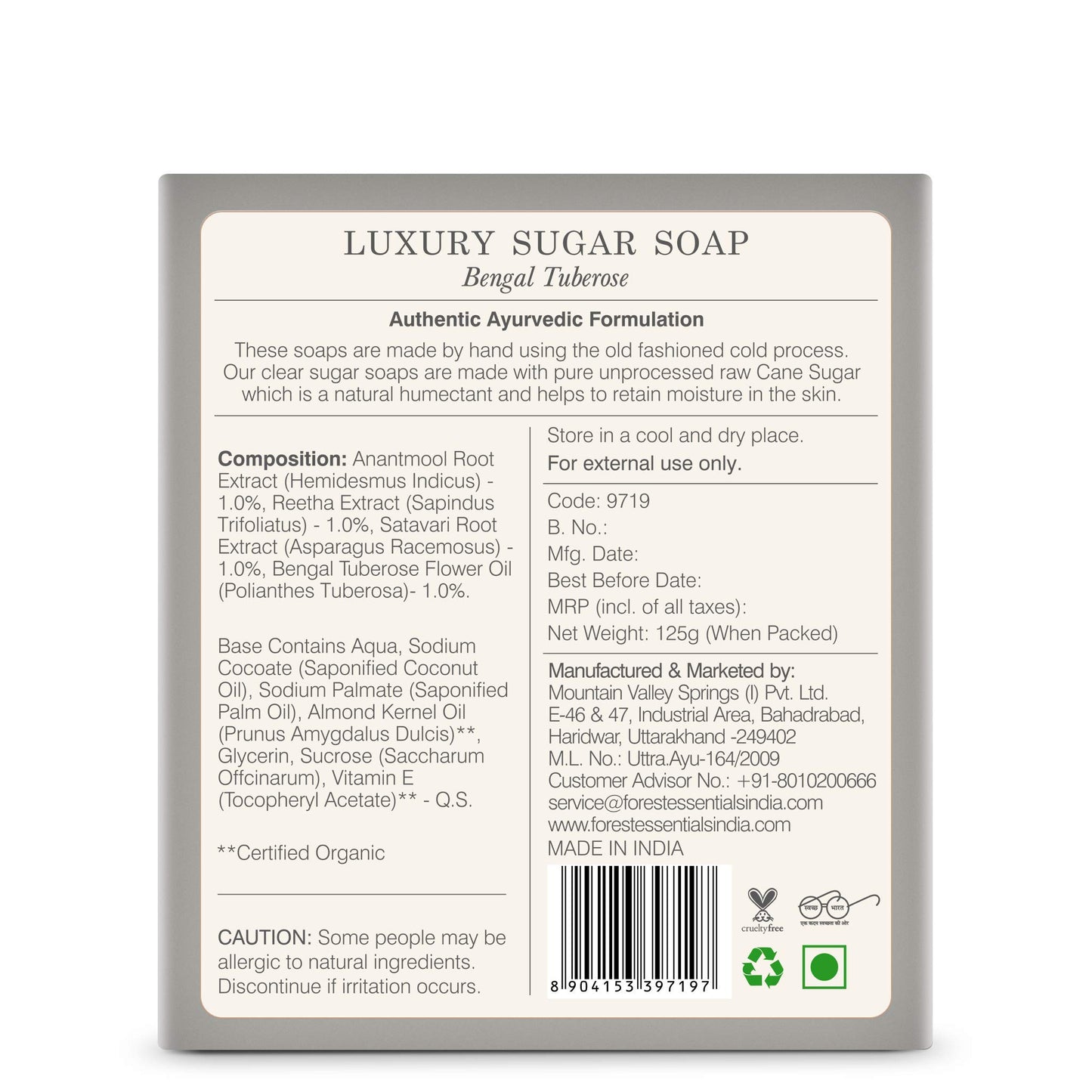 Forest Essentials Luxury Sugar Soap Bengal Tuberose 125g