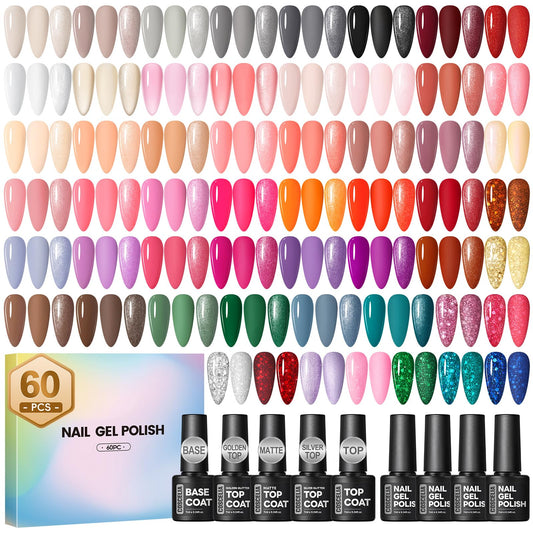 COSCELIA 60 PCS Gel Nail Polish Set, 55 Colors Gel Nail Polish with 5pcs Top Base Coat All Seasons Nail Polish Kit Spring Summer Full Colors Manicure Nail Art Gifts for Women Girls