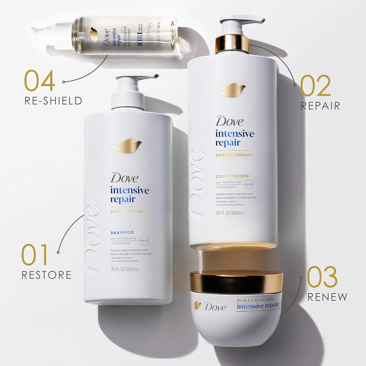 Dove Shampoo - Intensive Repair for Damaged Hair with Bio-Protein & Amino Serum | 28 Fl Oz (4 Pack)