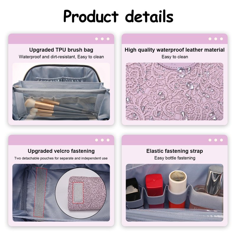 BOYATU Travel Makeup Bags Cosmetic Organizer Bag: 3-Set Large Capacity Make up Bag - PU Leather Toiletry Bags for Women - Wide Open Portable Pouch with Divider & Handle (02-Z-Violet)