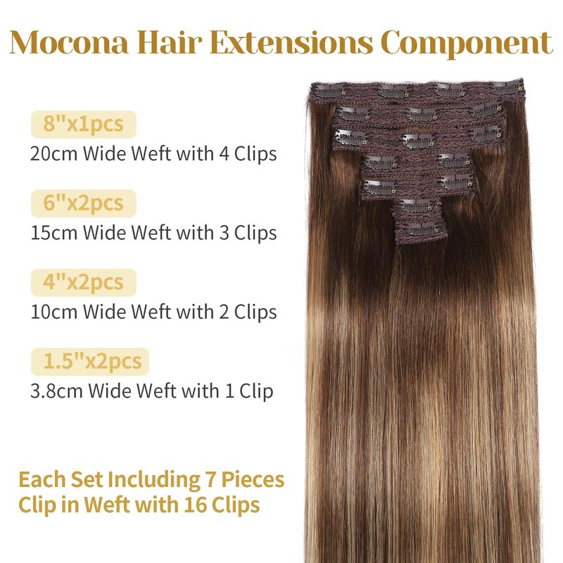 Mocona Clip in Hair Extensions Real Human Hair, 12 Inch 7pcs 70g/Pack - Ombre Chocolate Brown to Caramel Blonde, Soft Hair Extensions Real Human Hair Clip ins Straight for Women (12 Inch)