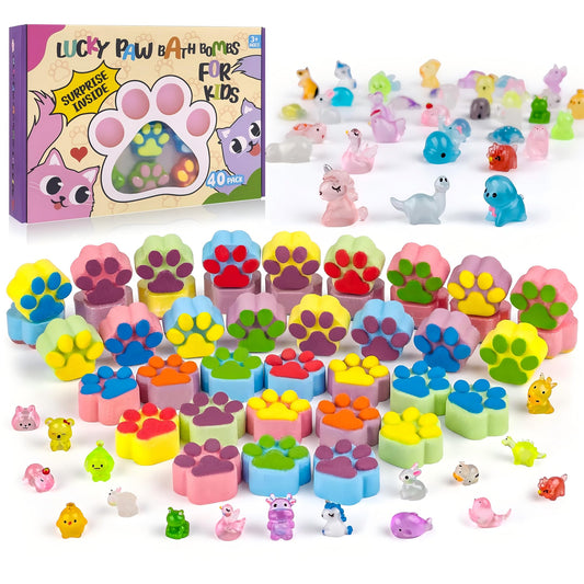 Bath Bombs for Kids with Surprise Inside, 40 Large Number Pack Paw Shape Bath Bombs Gift Set, Natural Organic Kids Bubble Bath Fizzy for Girls Boys with Bath Toys Inside