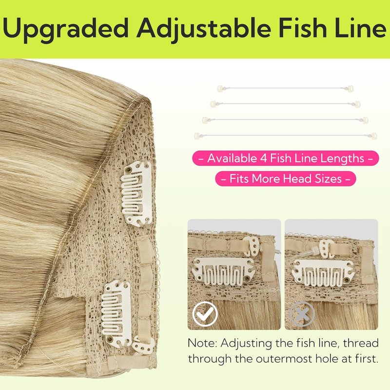 Wire Hair Extensions - 14 Inch 75g Ash Tone Light Blonde Highlights | Transparent Fish Line for Women