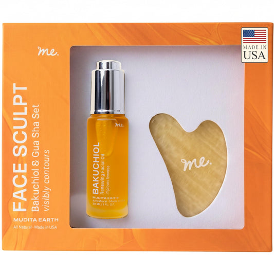 Gua Sha Kit for Depuffing and Lymphatic Drainage with Bakuchiol Face Oil | Natural Jade Gua Sha Facial Tool and 1% Bakuchiol Oil for Firming and Glow | Retinol Alternative | Vegan | Mudita Earth