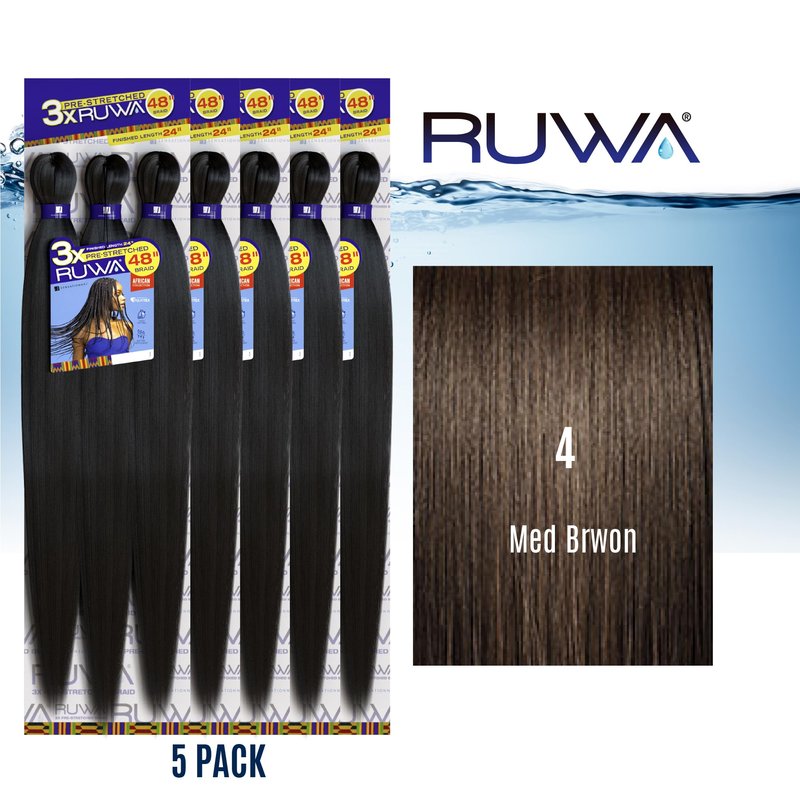 Sensationnel Ruwa prestretched braiding hair - 3x 48 inch water repellent kanekalon fast dry synthetic sports itch free (5 pack, 4 MEDBROWN)