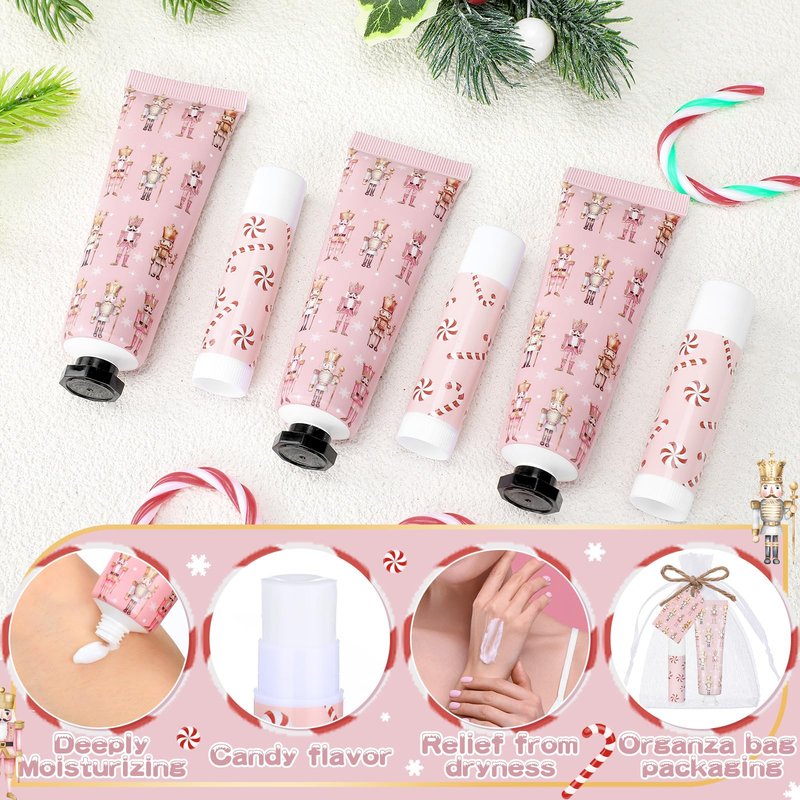 Dansib 24 Sets Christmas Pink Nutcracker Hand Cream and Candy Lip Balm Gift Christmas Party Favors Travel Size Hand Lotion and Lip Balm Bulk Wedding Bridal Baby Shower Party Supplies for Guest
