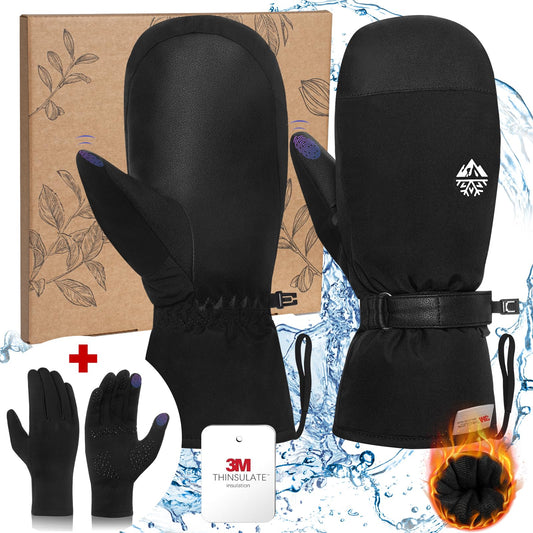 2 in 1 Waterproof Ski Mittens with Glove Liners, Winter Snow Gloves 3M Thinsulate Anti-Slip PU Palm Ski Gloves, Windproof Snowboard Mittens with Touchscreen Inner Gloves for All Snowsports, Small