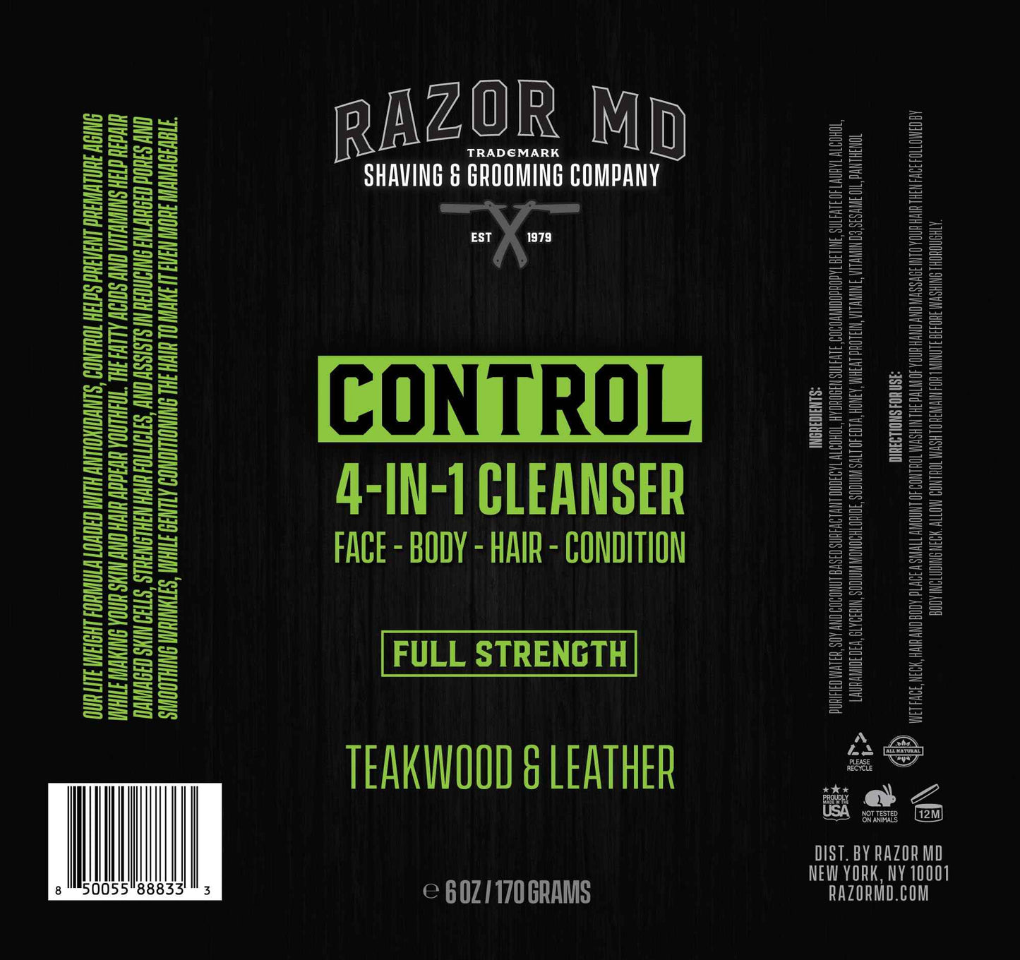 Razor MD Control Men's Face Wash, Body & Hair Cleanser, 4-in-1 Body Wash, Hair Conditioner and Facial Cleansers for Men, Teakwood & Leather Scent, 6 oz