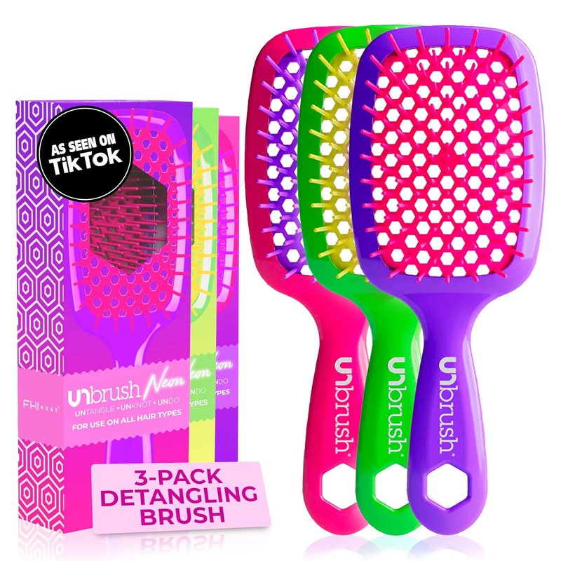 FHI Heat Detangling Brush Set | Pain-Free Hair Brush for All Hair Types - Lightweight Travel-Friendly Design | Neon Collection (3-Pack)