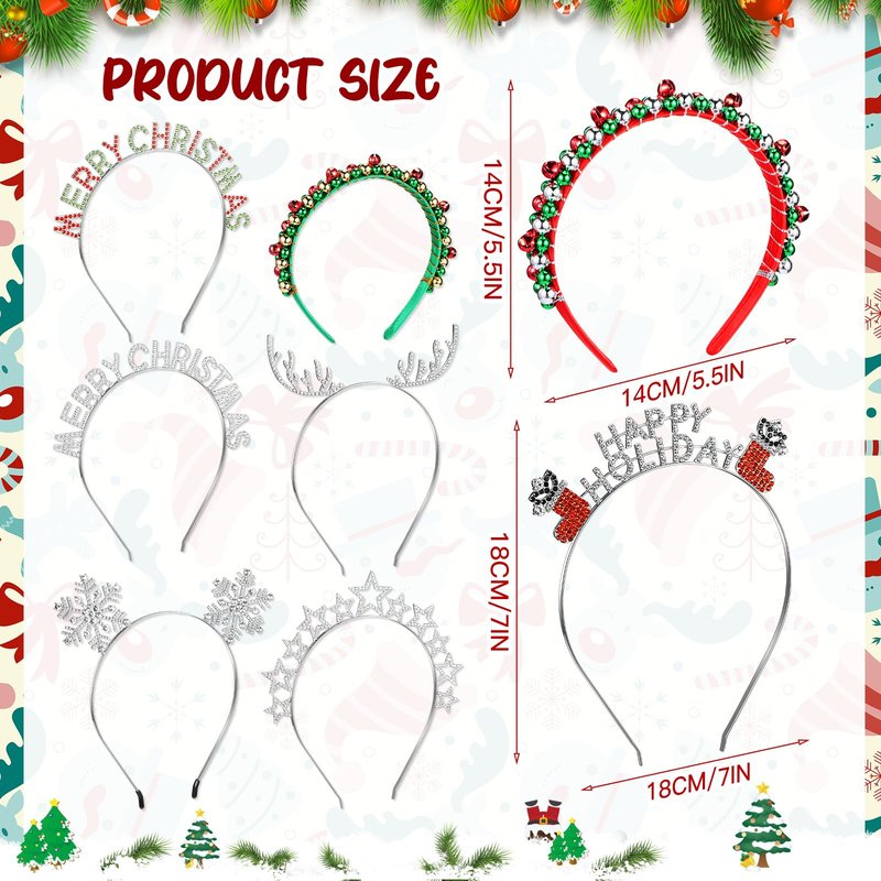 Ceenna 8 Pcs Christmas Headbands for Women Xmas Bell Hairband Rhinestone Reindeer Antler Snowflake Headband for Cosplay(Silver)