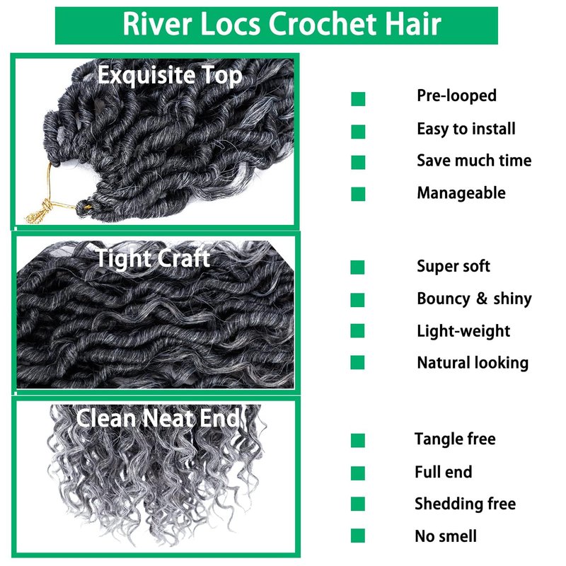 Faux Locs Crochet Hair - 14 Inch Ombre Grey Goddess Locs | 6 Packs Soft River Curly Pre-Looped Braids