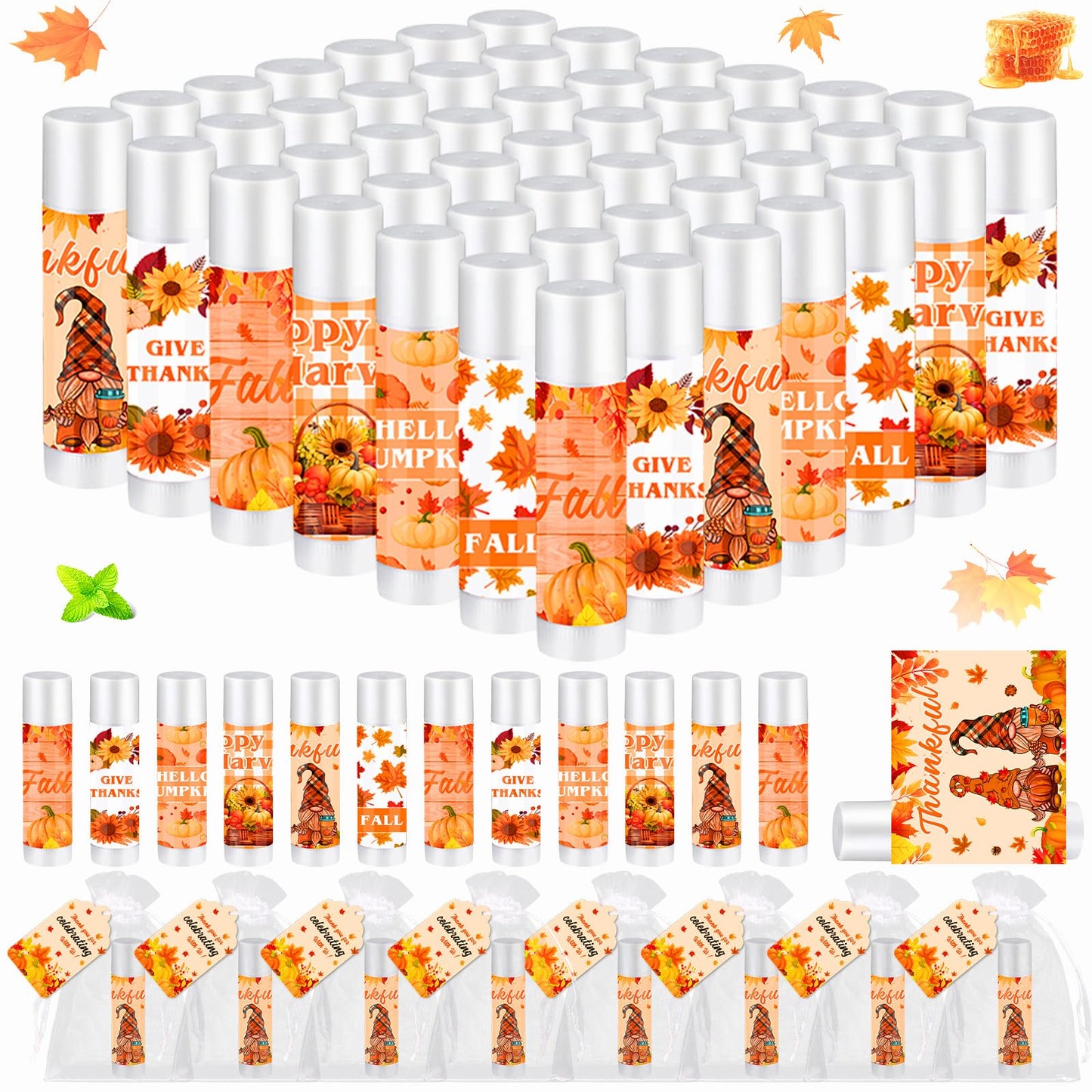 QAUYETM 50 Set Fall Gifts Lip Balms Bulk Fall Party Favors 6 Assorted Flavors with 50 Organza Bags and Cards Autumn Pumpkin Maple Leaf Chapstick Thanksgiving Gifts for Women Men Coworkers Guest