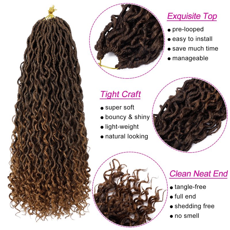 Goddess Locs Crochet Hair 22 Inch 7 Packs Ombre Brown Boho Faux Locs Crochet Hair for Black Women Pre Looped Crochet Locs with Curly Ends (1B/30)