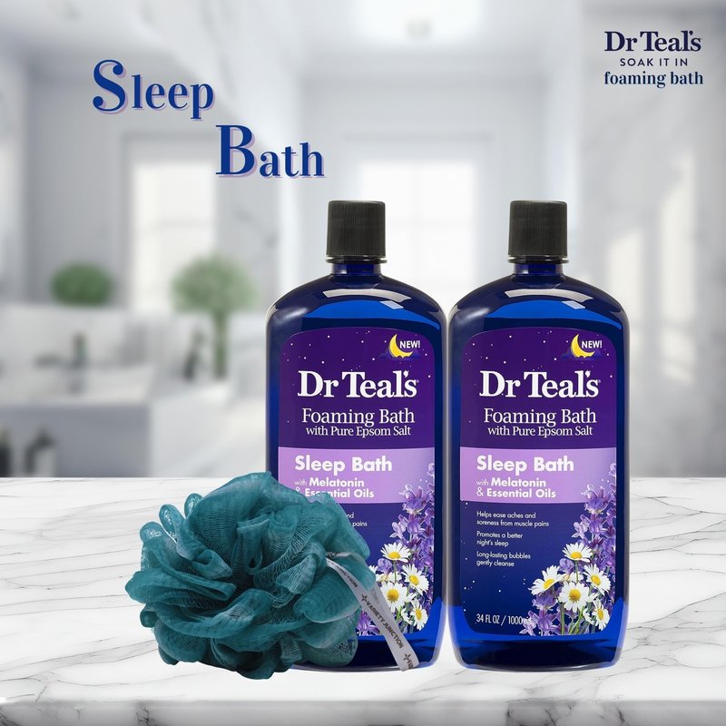 Dr. Teal's Melatonin Foaming Bath 34oz (Pack of 2) with Variety Junction Premium Bath & Shower Sponge - Sleep Inducing Bubble Bath, Clear