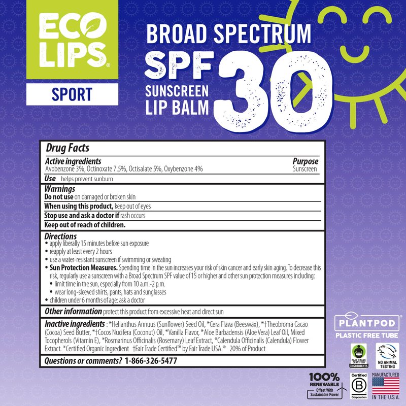 Eco Lips Classic Sport SPF 30 Broad Spectrum Sunscreen Lip Balm – 6-Pack (Classic Vanilla) | Organic Moisturizing Lip Protection | Made in USA, Cruelty-Free Outdoor Lip Care