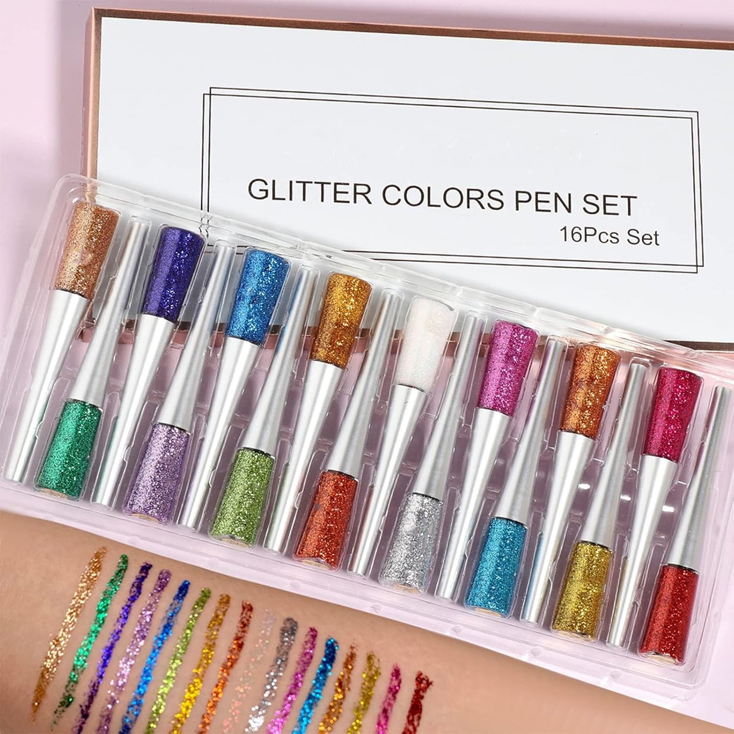 16PCS Liquid Glitter Eyeliner Set - High Pigmented Waterproof Metallic Eye Liner Kit | 16 Vibrant Colors