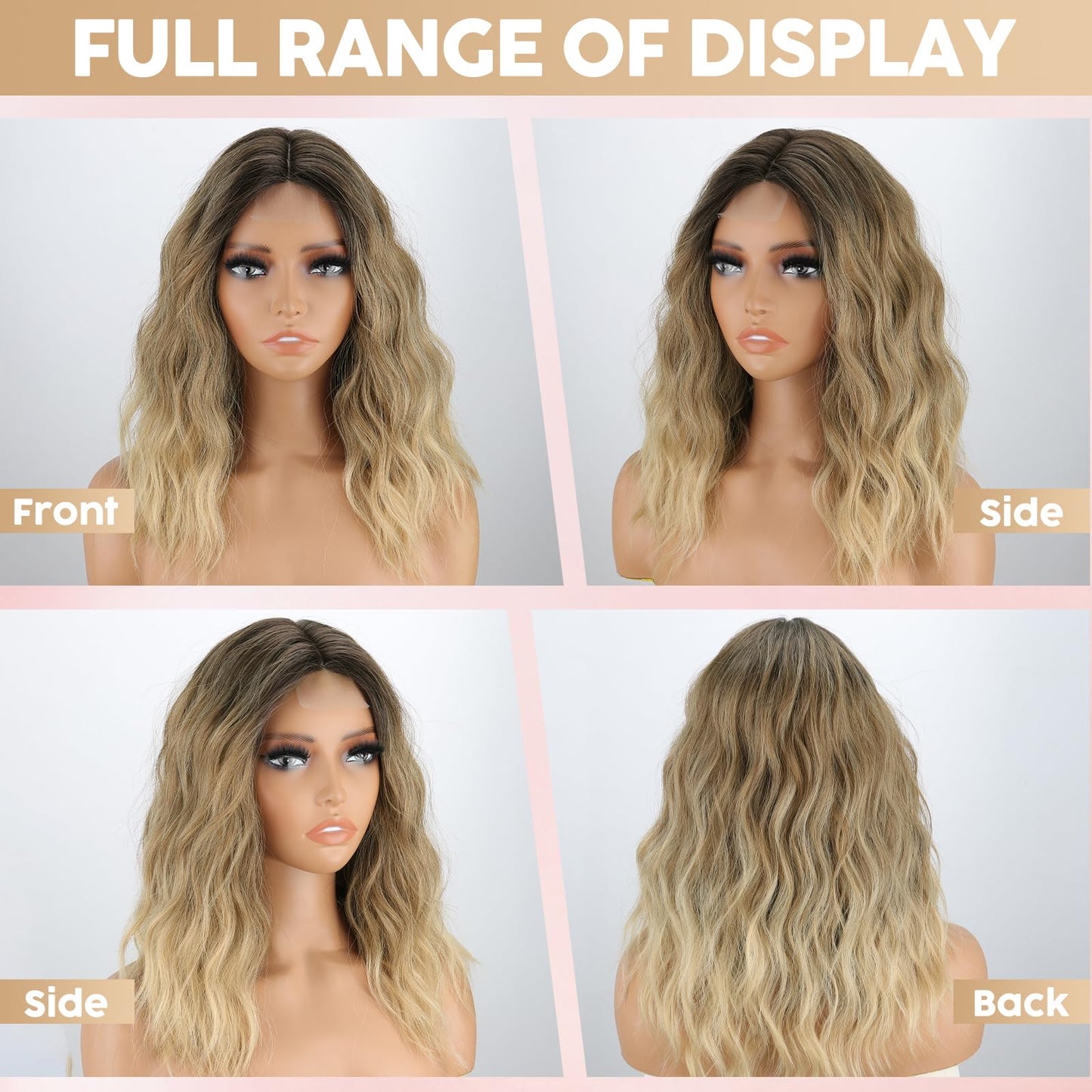 MISSQUEEN Medium Length Ombre Blonde Wavy Wig Short Curly Blond Wig for Women Synthetic Middle Part Heat Resistant Fiber Blonde Hair Wigs for Everyday Hairstyle Party Use
