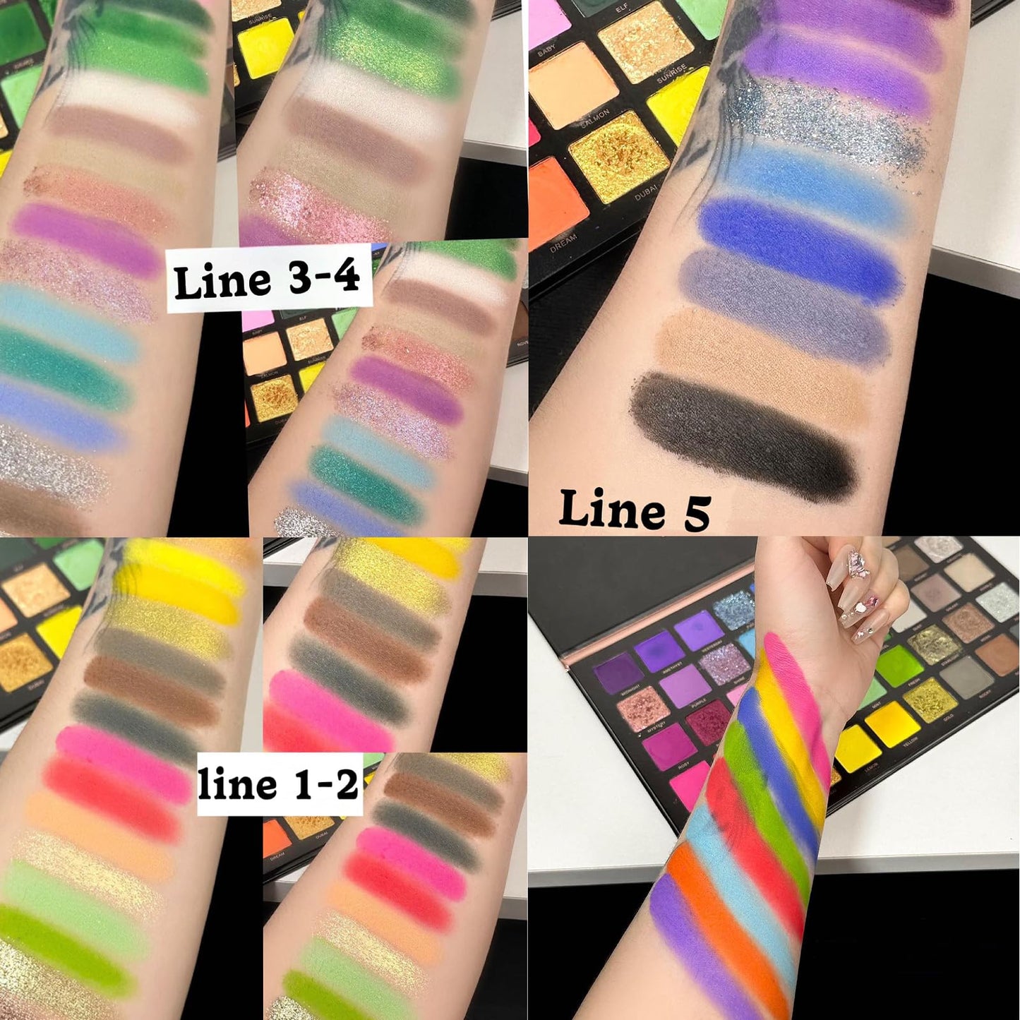 MYUANGO Bold Dimensions Eyeshadow Palette - 45 Shades of Matte, Shimmer, and Glitter in Purple, Green, Yellow, Pink, and Grey - High-Pigment, Long-Lasting, Waterproof - Blendable Formula