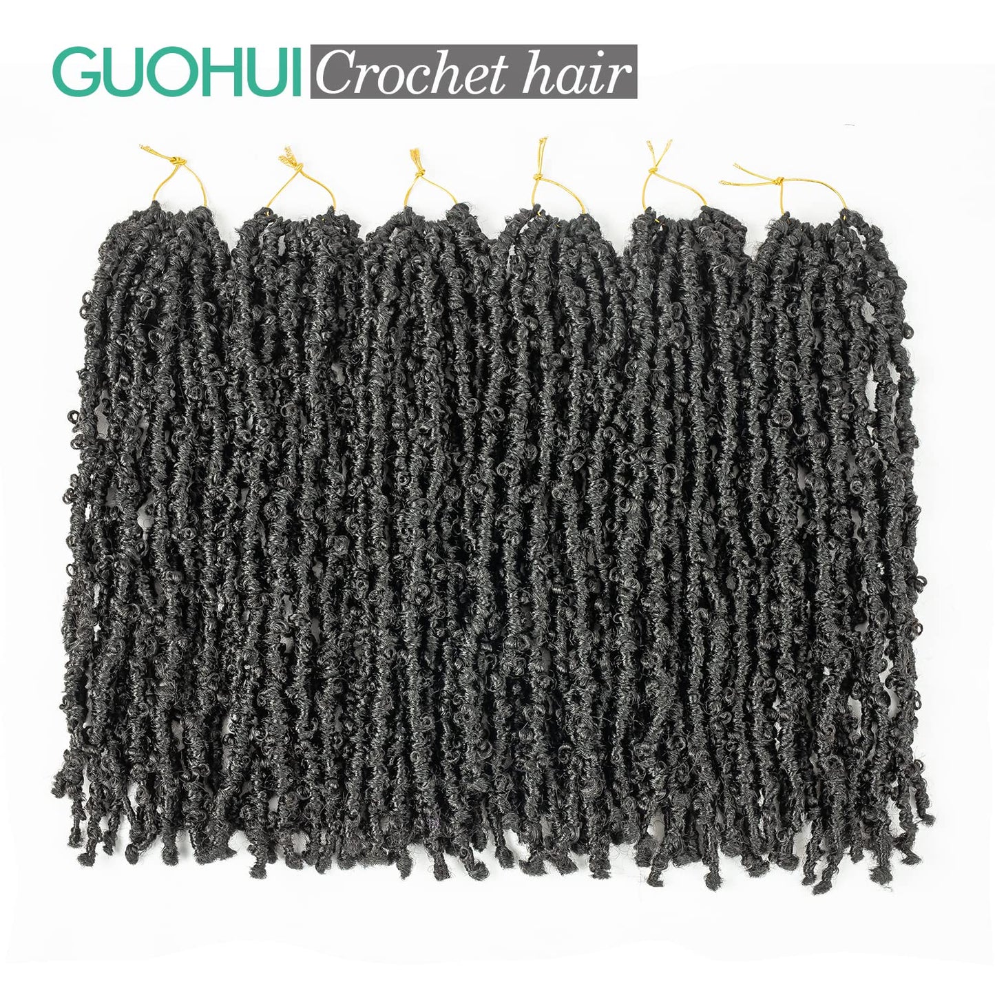 GUOHUI Butterfly Locs Crochet Hair 16 Inch 6 Packs Color Natural Black All Handmade Pre-Looped Distressed Faux Locs Braids for Women Kids (16",1B)