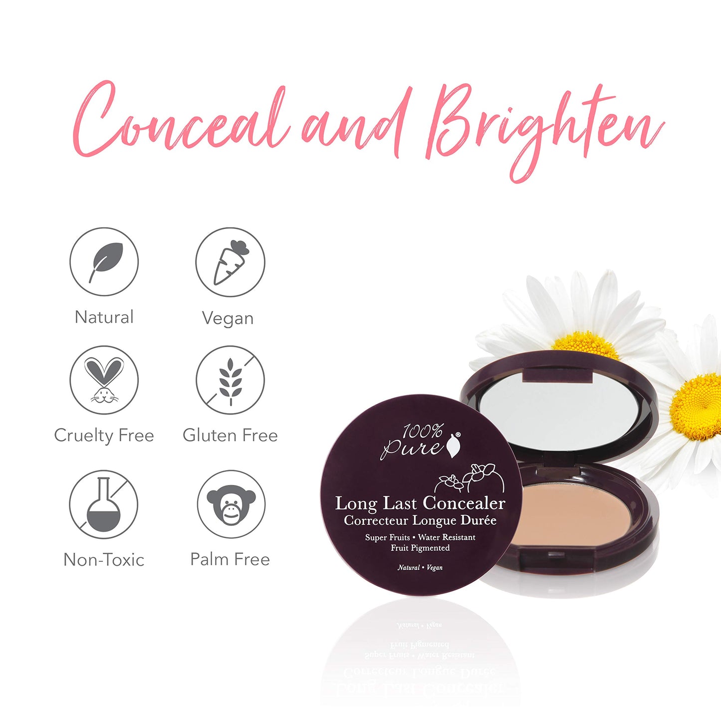 100% PURE Fruit Pigmented Long Last Compact Concealer, Peach Bisque, Full Coverage Concealer, Diminish Dark Circles (Medium with Yellow Undertones) - 0.11oz