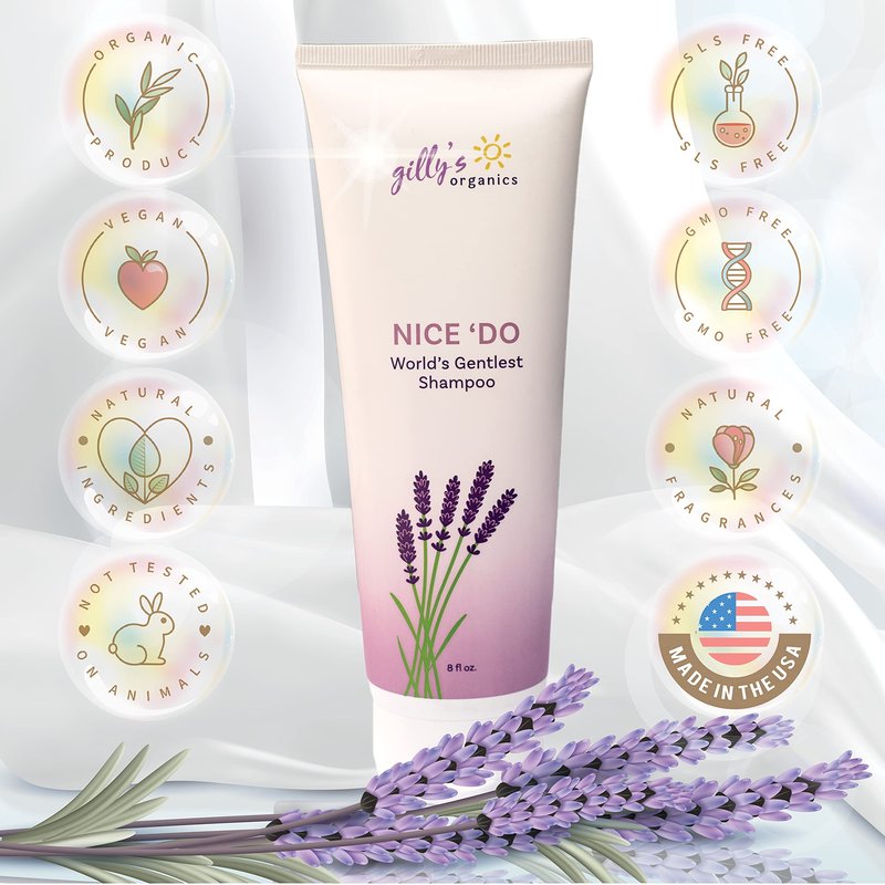 Gilly's Organics Organic Shampoo, Fresh Lavender Scent - Made in USA 2-in-1 Natural & Super Gentle Cleaner For Soft & Thick Hair - Infused with Aloe & Chamomile - Vegan, No Parabens or Sulfates