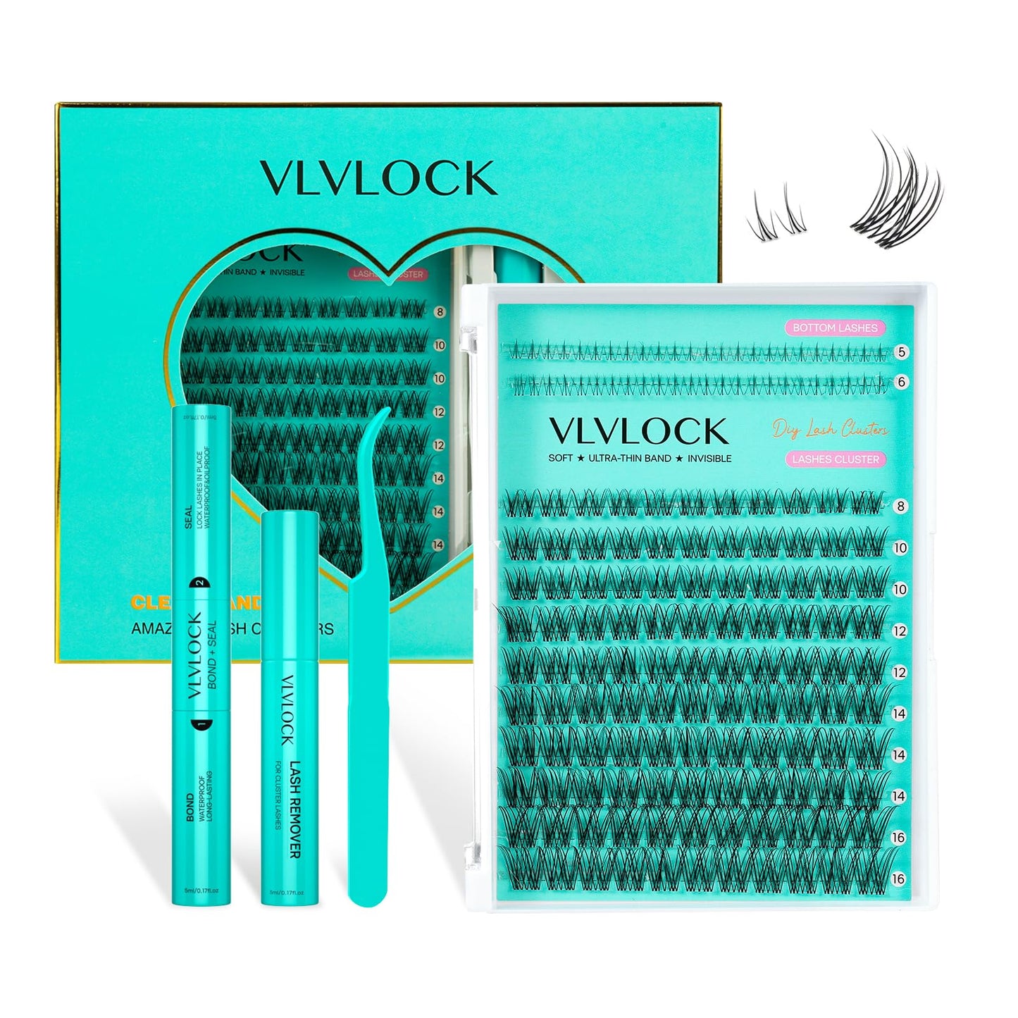 VLVLOCK Lash Clusters Kit Clear Band Natural Cluster Lashes with Bottom Lash Clusters 5-16MM Individual Lashes Wispy False Lashes with Lash Bond and Seal,Lash Tweezer DIY at Home(Ivy Kit)