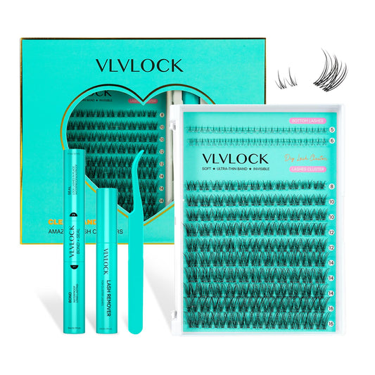 VLVLOCK Lash Clusters Kit Clear Band Natural Cluster Lashes with Bottom Lash Clusters 5-16MM Individual Lashes Wispy False Lashes with Lash Bond and Seal,Lash Tweezer DIY at Home(Ivy Kit)