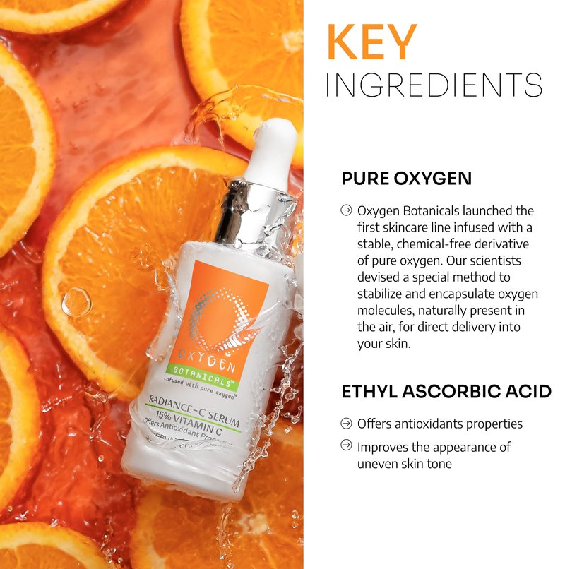 Oxygen Botanicals Radiance C Serum 15%, antioxidant formula to rejuvenate and protect the skin, minimizes dark spots, pigmentation and blemishes, alcohol-free-30ml (Radiance C Serum)