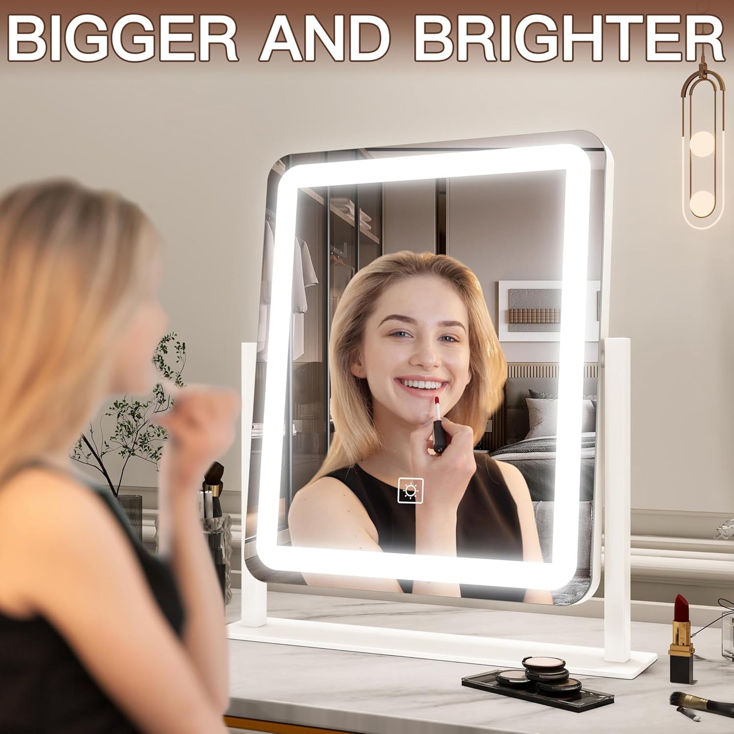 FENNIO LED Lighted Makeup Mirror - 15"x12.6" Touch Screen Vanity Mirror with Dimmable 3-Color Lighting | Perfect for Bedroom & Desk