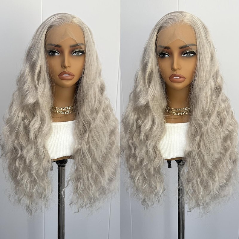 RONGDUOYI Ash Blonde Synthetic Lace Front Wigs for Women Grayish Blonde Long Loose Curly Wig Heat Resistant Fiber Hair 13x4 Frontal Lace Natural Hairline Daily Use Cosplay Wig