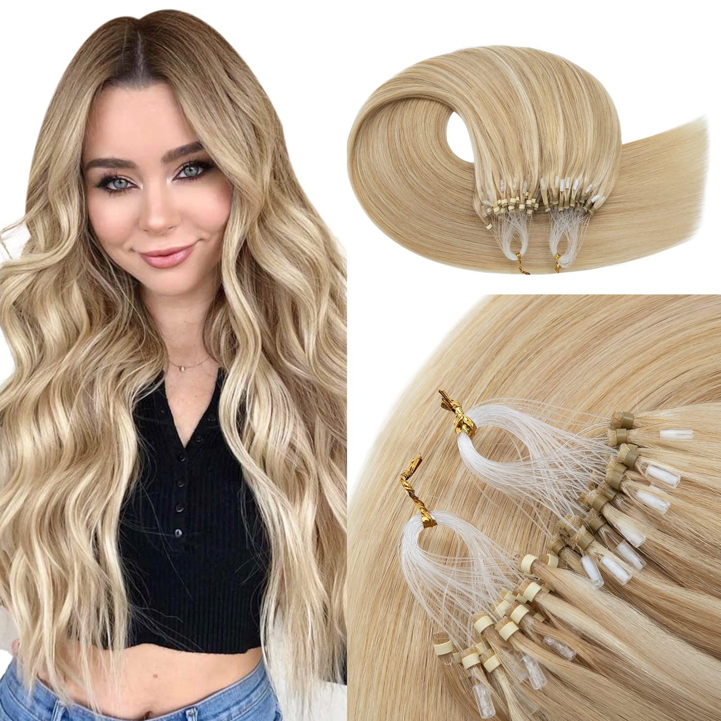 TESSHAIR Micro Loop Hair Extensions, 100% Remy Human Hair, Microlink Extensions, No Tangle & Smooth, 50 Strands 50g, 16 Inch #Blonde & Bleach Blonde