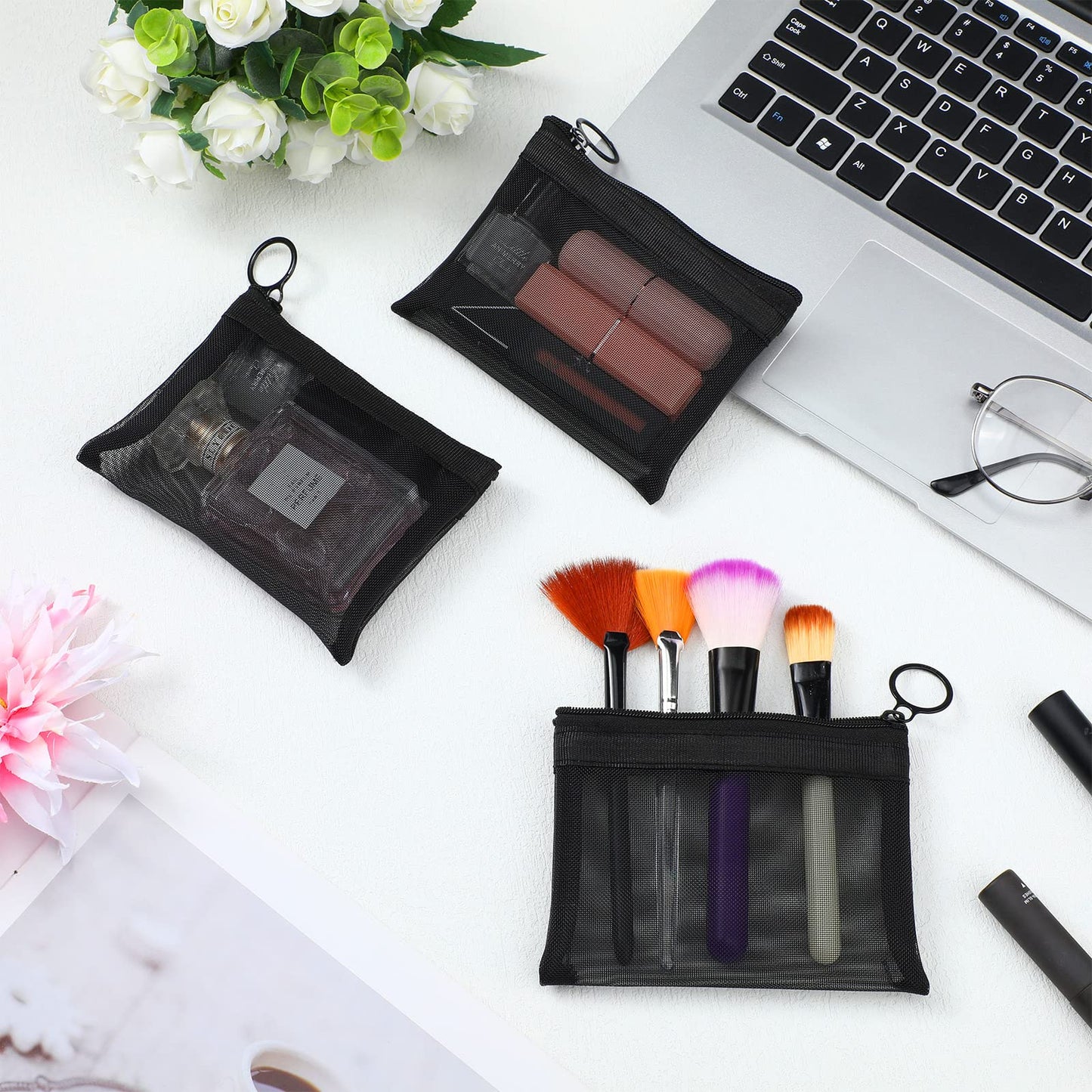 Saintrygo 40 Pcs Small Mesh Zipper Pouch Bags Mini Cosmetic Coin Purse Pouches Portable Black Nylon Storage Pouch with Keychain for Women Travel Makeup Cosmetic Storage