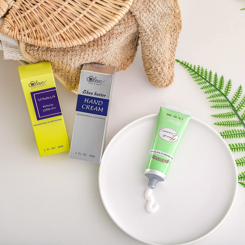 BODY & EARTH # LOVE Hand Cream Gift Set, Mothers Day Gifts for Mom, Mini Moisturizing Hand Lotion with Vitamin E for Dry Hands Cream Travel Size, Nurse Week Gifts, 3 x 2 OZ