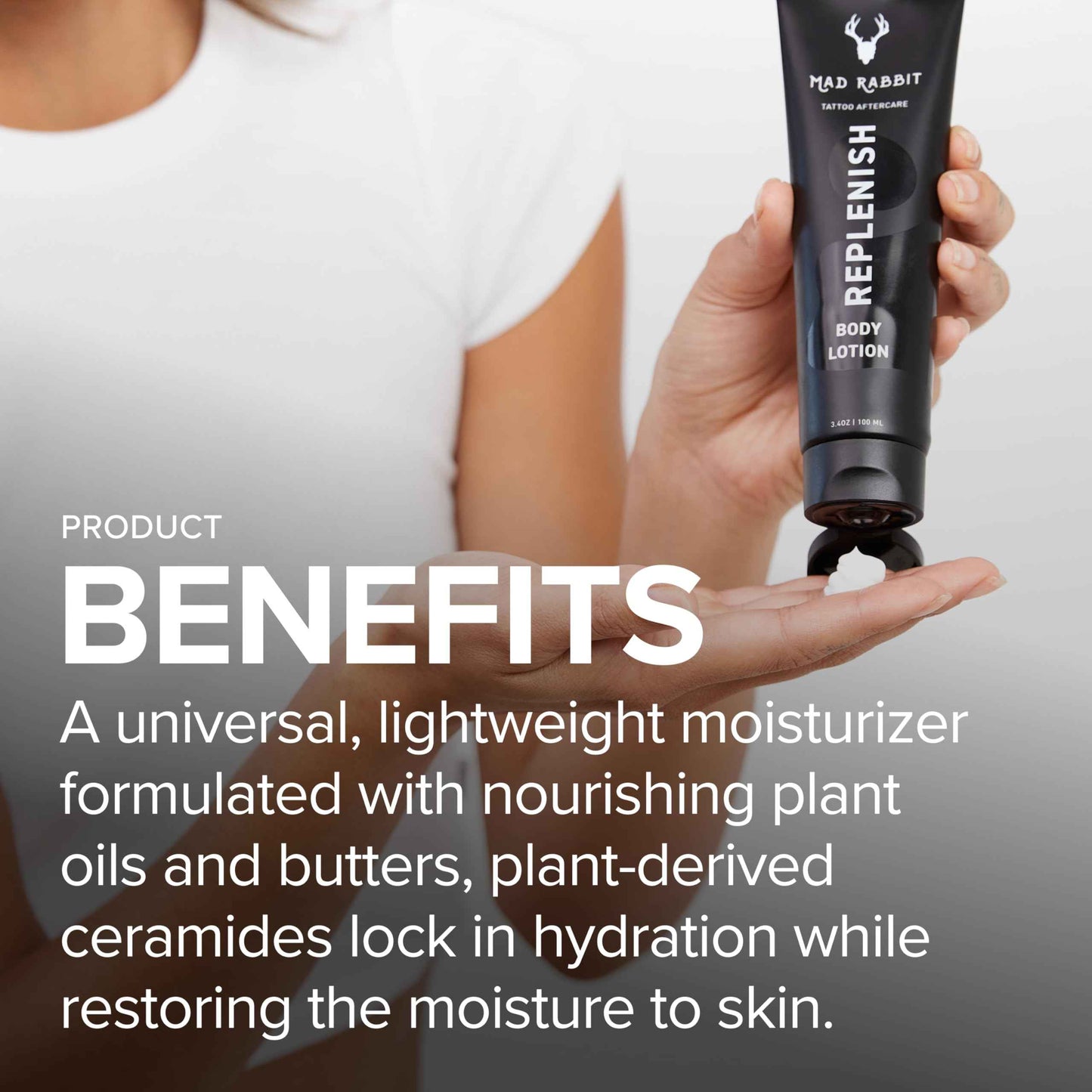 Mad Rabbit Replenish Tattoo Body Lotion - Fragrance-Free Lotion, Non-Greasy & Silicone-Free, Clean Ingredients, Lightweight for Daily Use (3.4 Fl Oz)