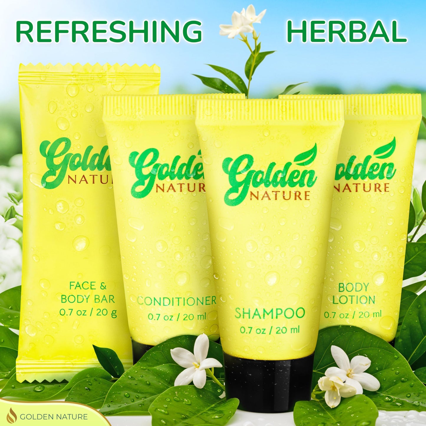 Golden Nature - Travel Size Hotel Toiletries Bundle - Jasmine, 0.7 oz each, 200 Pcs - 4-Piece Set: 50 Rectangular Bar Soap, 50 Shampoo, 50 Conditioner & 50 Body Lotion - Bulk Small Toiletries