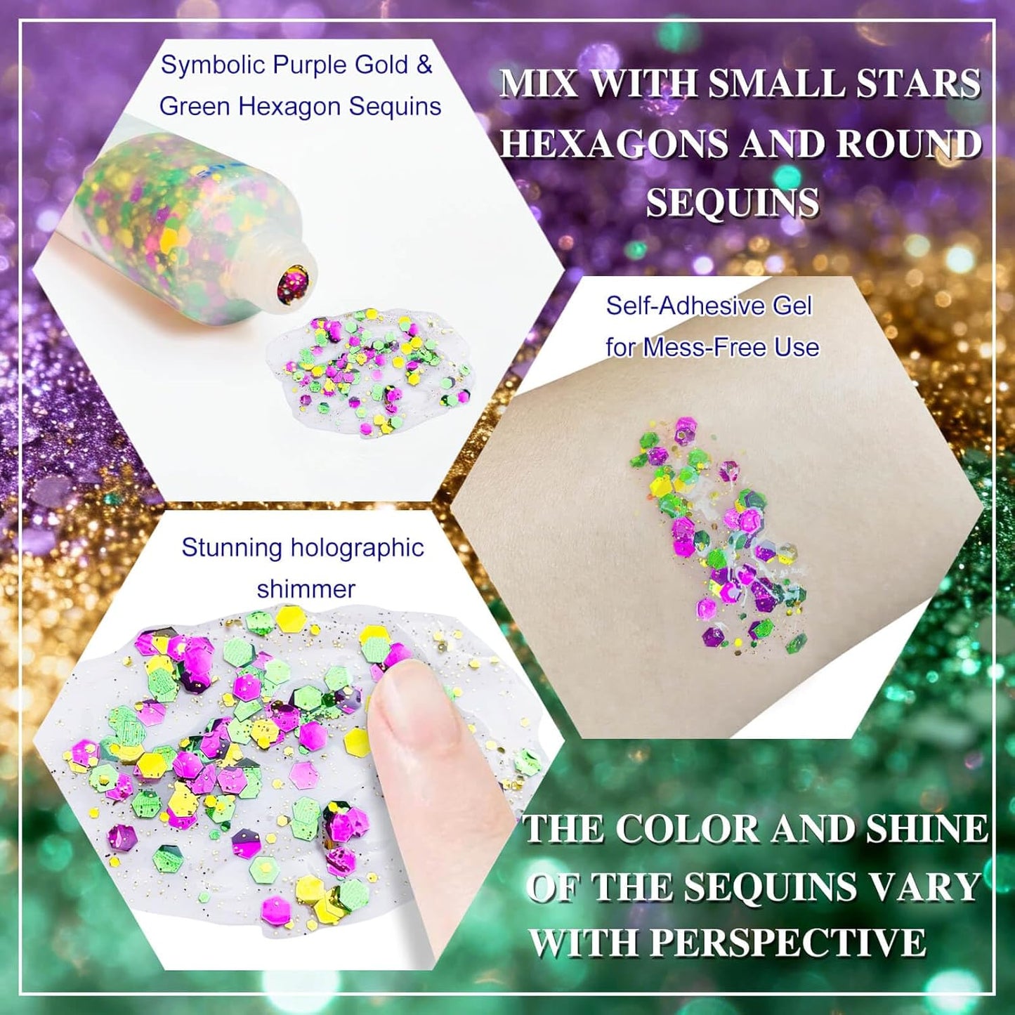 Face & Hair Glitter Makeup Set - Purple, Green & Gold for Mardi Gras | 10 PCS 7mm Bead Necklaces