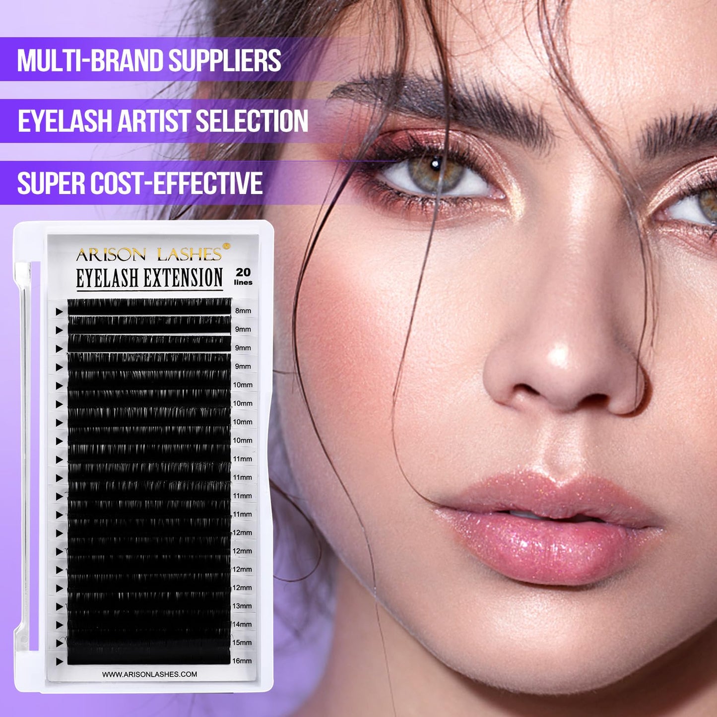 Arison Lashes Volume Lash Extensions Cashmere Matte Black Individual Eyelash Extensions Tray Mixed Length 20 Rows for Professional Lash Tech Supplies(0.07-C Curl-14mm)