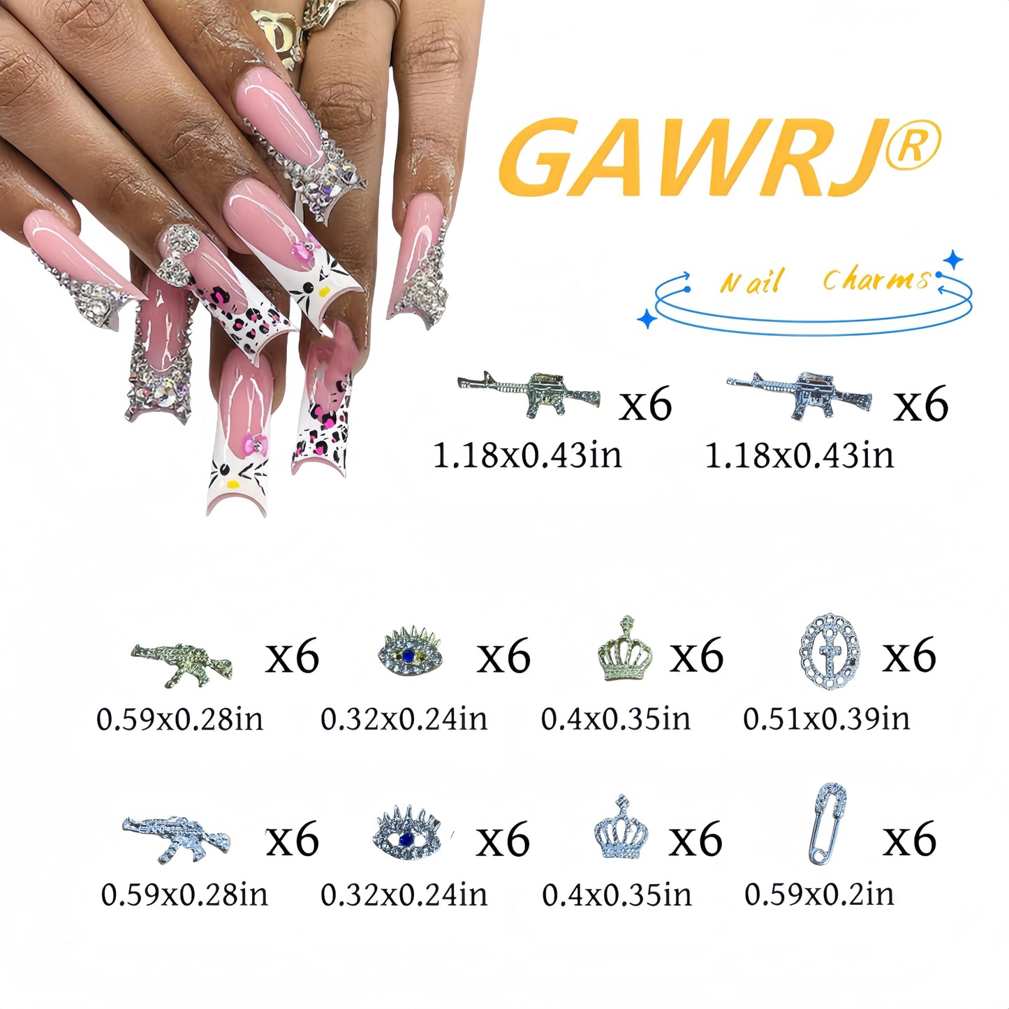60 Pcs Durable Metal Alloy Charms for Guns, Crowns, Safety Pins - Diverse Styles with Gold, Silver & Rhinestone Details, Perfect for Christmas Gifts Nail Art Decorations