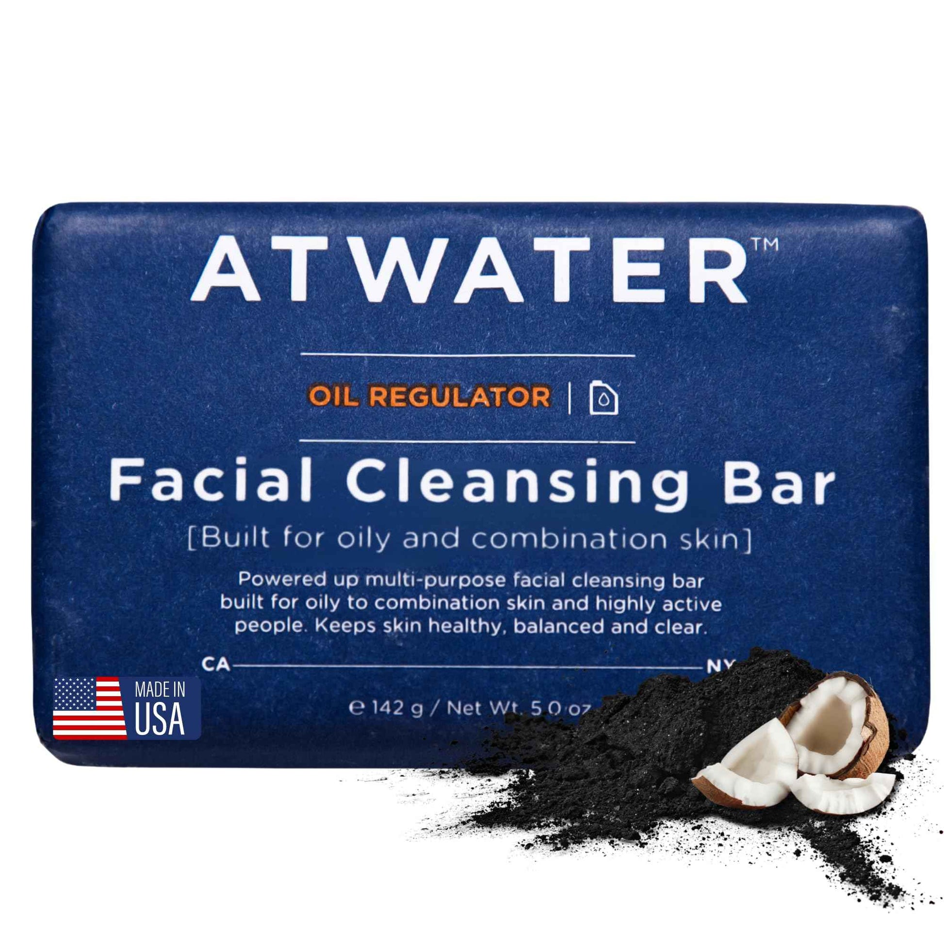 ATWATER Oil Regulator Charcoal Facial Cleansing Bar for Oily to Combination Skin, Sulfate-Free Rich Lathering Face Wash with Charcoal and Coconut - 5 oz